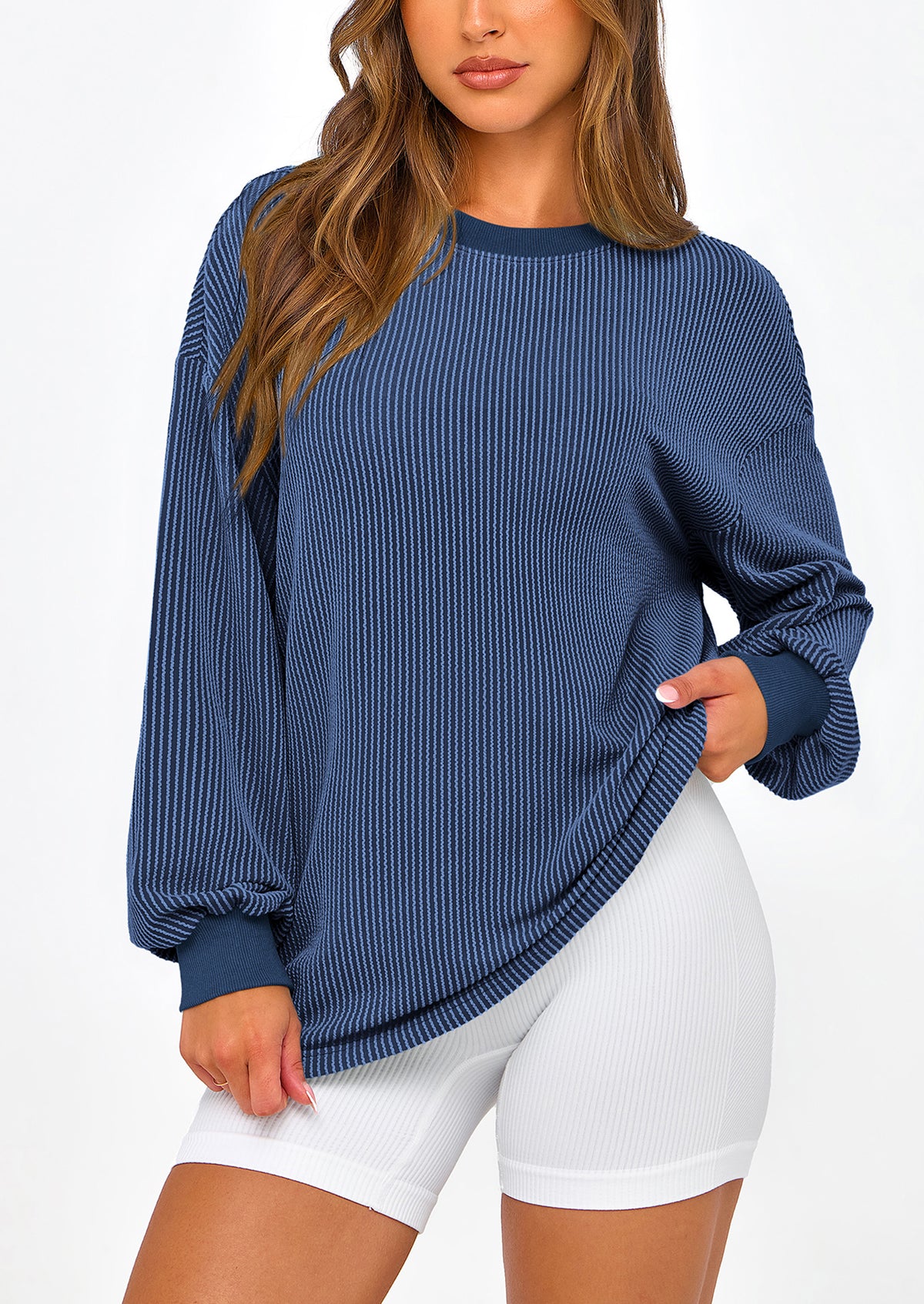 Long Sleeve Casual Loose Crew Neck Ribbed Blouse