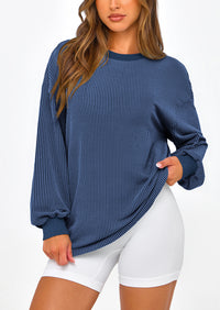 Long Sleeve Casual Loose Crew Neck Ribbed Blouse