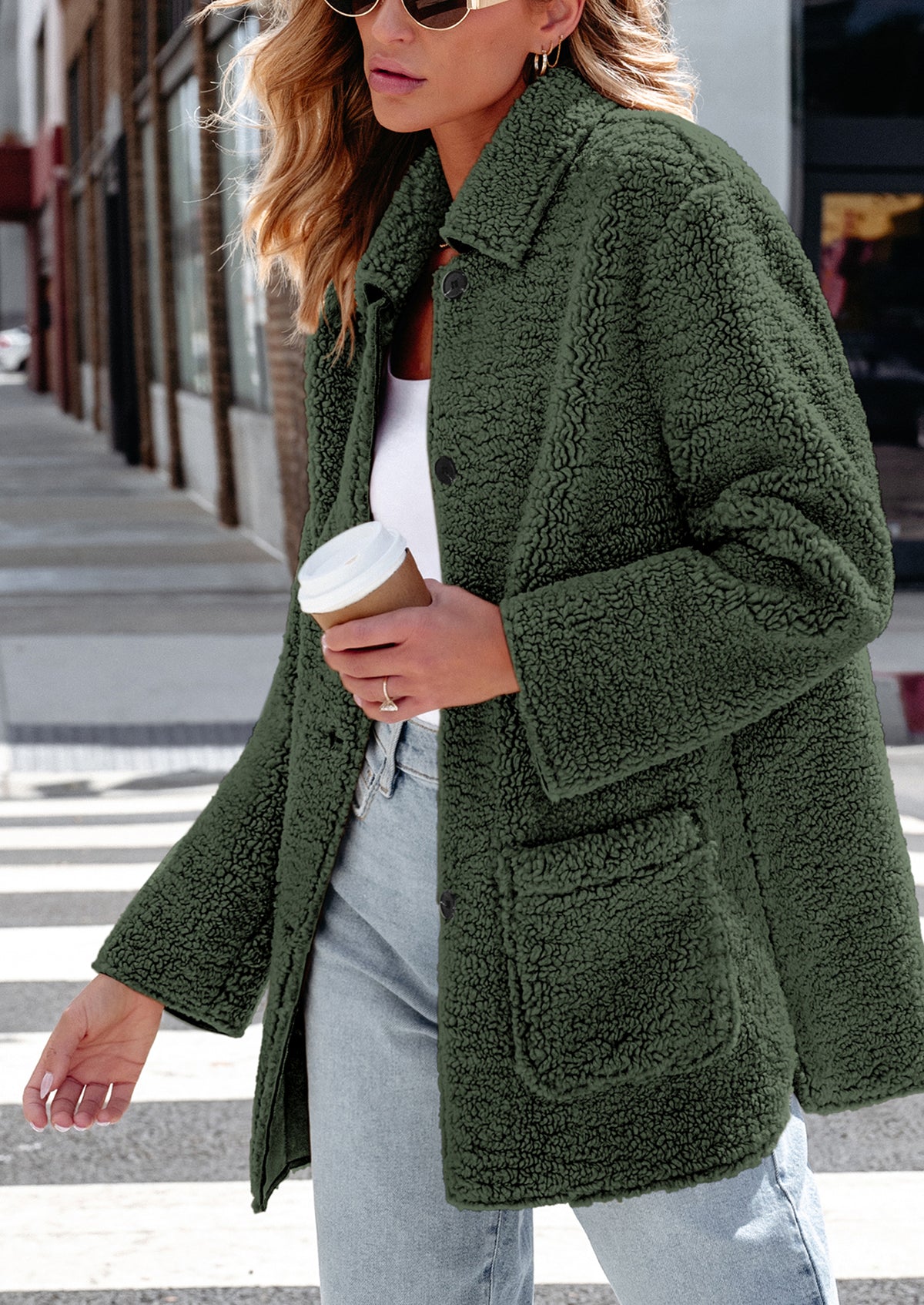 Long Sleeve Lapel Button Down Pockets Fleece Faux Fur Coats