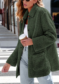 Long Sleeve Lapel Button Down Pockets Fleece Faux Fur Coats