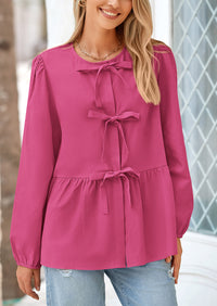 PRETTYGARDEN Women's Spring Fall Babydoll Peplum Blouse Shirt Puff Long Sleeve Bow Tie Front Trendy Cute Y2K Going Out Tops