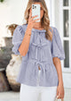 Striped Round Neck Front, Lace Up Bubble Sleeves Tops