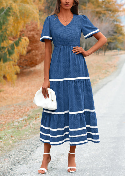 PRETTYGARDEN Women's Casual Summer Maxi Dress Short Sleeve Swiss Dot V Neck Smocked Long Flowy Beach Dresses