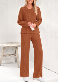 Knitted Long Sleeved V-Neck Pullover, Wide Leg Long Pants Two-Piece Set