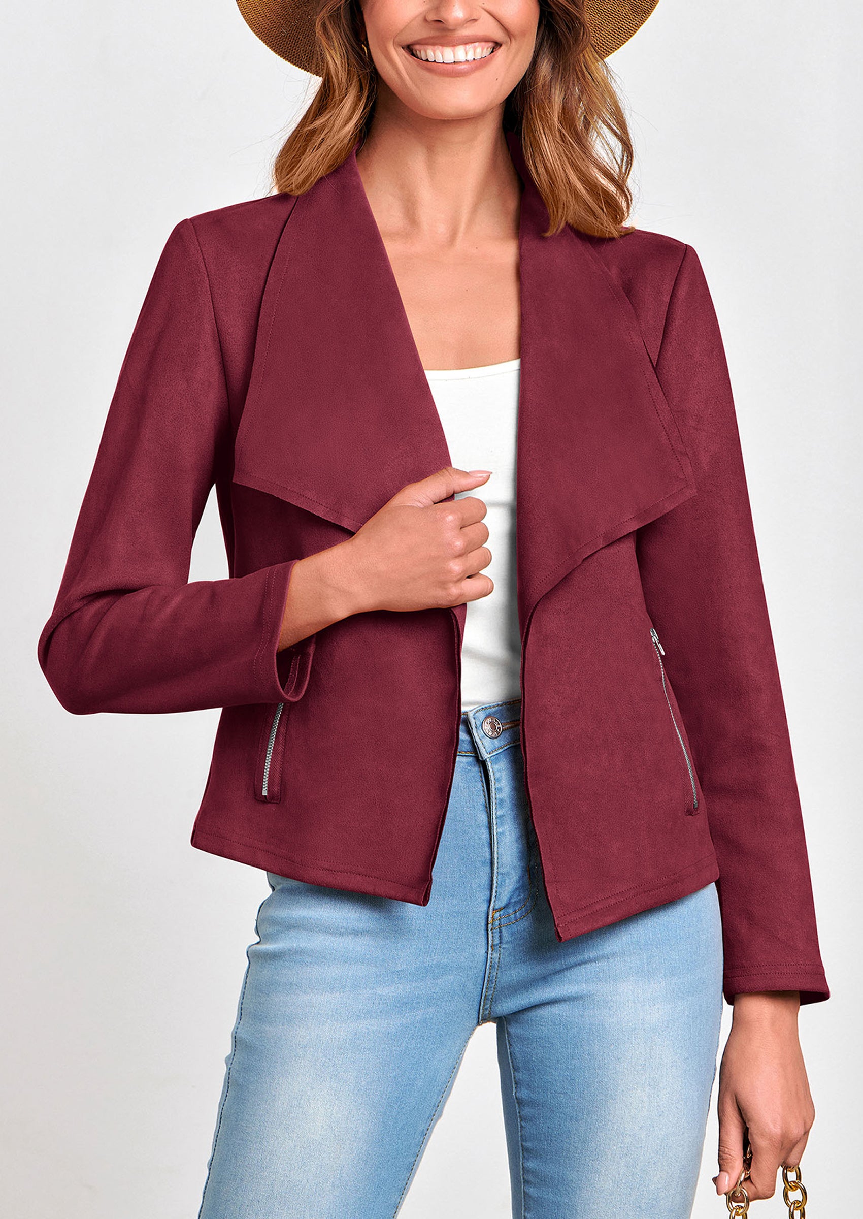 PRETTYGARDEN Women's Faux Suede Jackets Fashion Fall Clothes Long Sleeve Open Front Cropped Coat Outwear