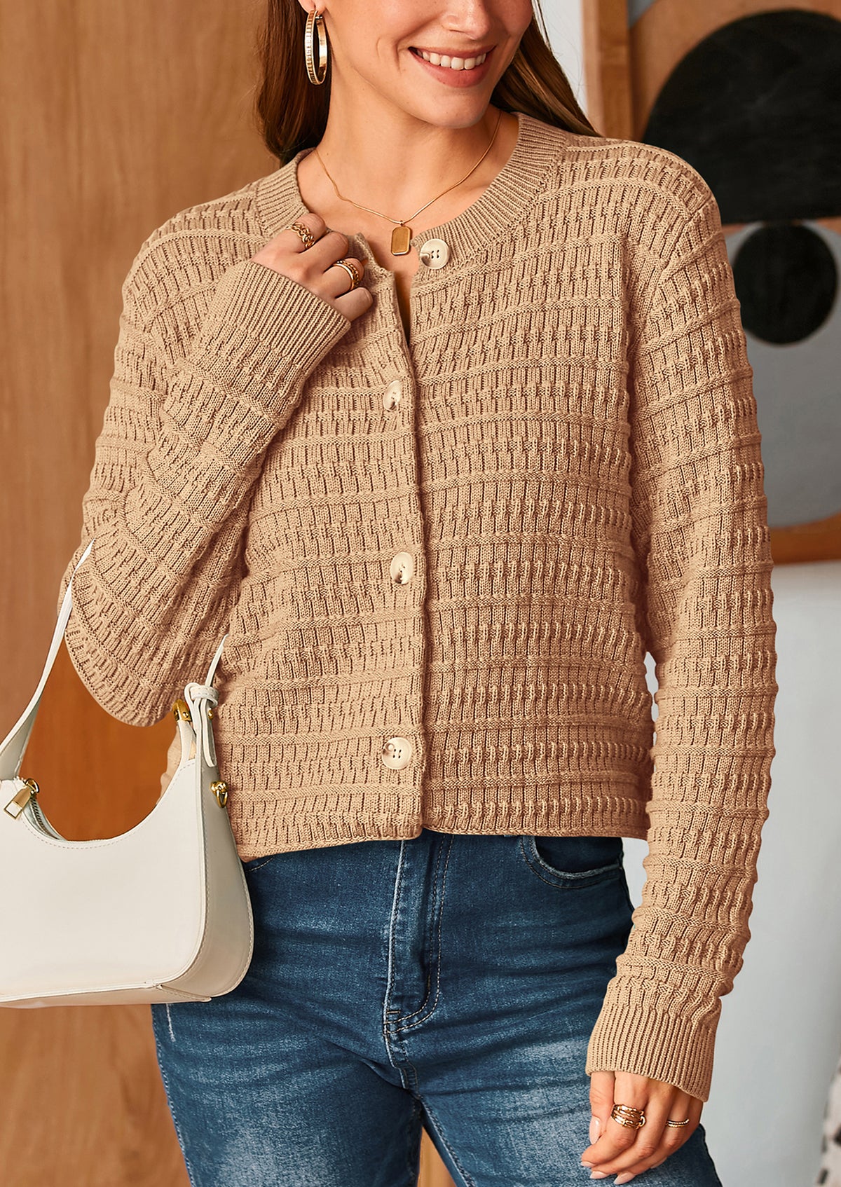 Knit Cardigan Long Sleeve Open Front Button Down Jacket