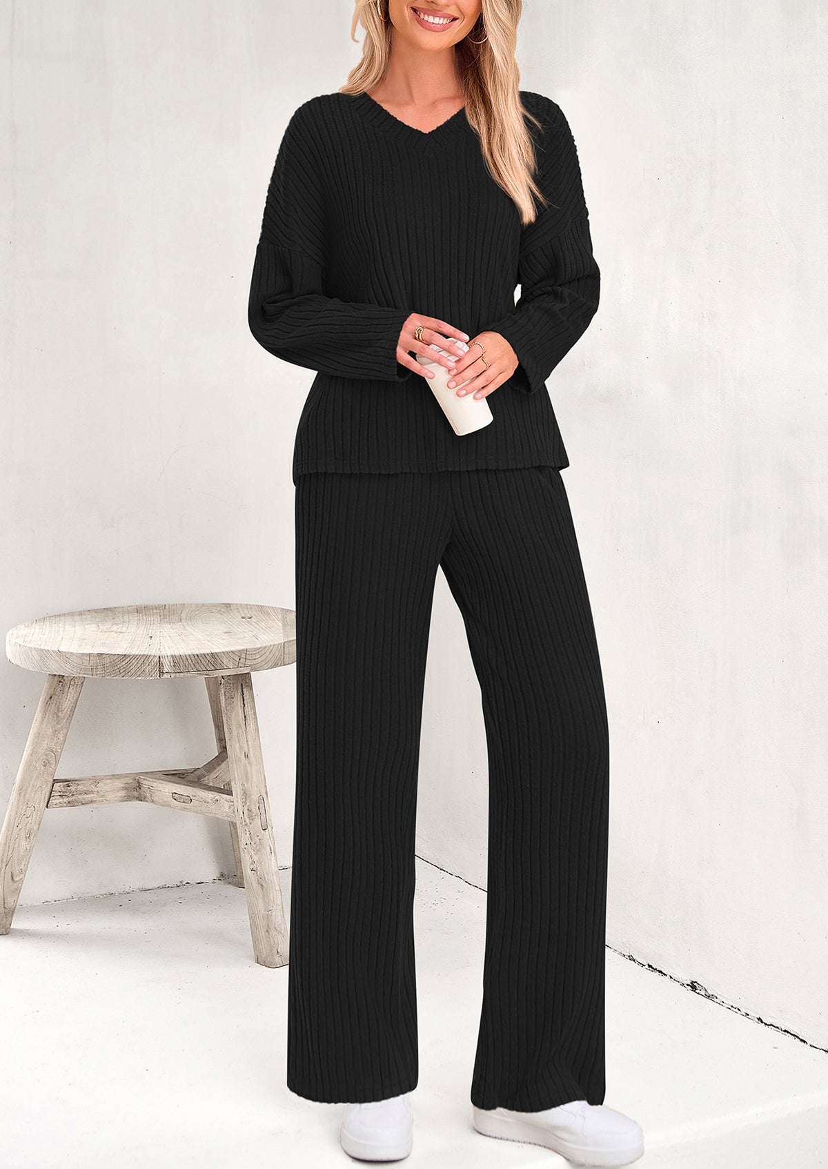 Knitted Long Sleeved V-Neck Pullover, Wide Leg Long Pants Two-Piece Set