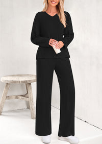 Knitted Long Sleeved V-Neck Pullover, Wide Leg Long Pants Two-Piece Set