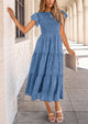 Floral  Summer Cap Sleeve Smocked Ruffle A Line Long Flowy Wedding Guest Midi Dresses