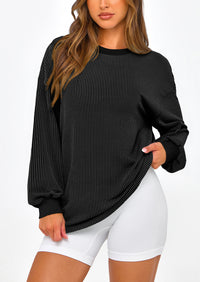 Long Sleeve Casual Loose Crew Neck Ribbed Blouse