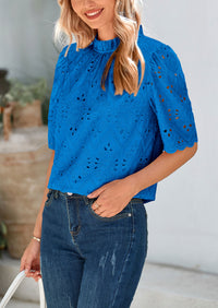 Short Sleeve Eyelet Embroidered Dressy Casual Blouse