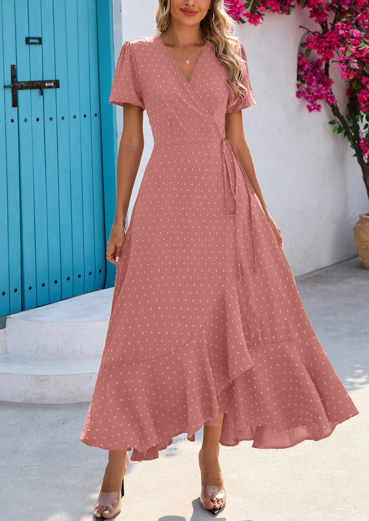 Leisure Bohemian Flower V-Neck Short Sleeved Ruffled Beach Long Skirt