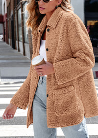Long Sleeve Lapel Button Down Pockets Fleece Faux Fur Coats