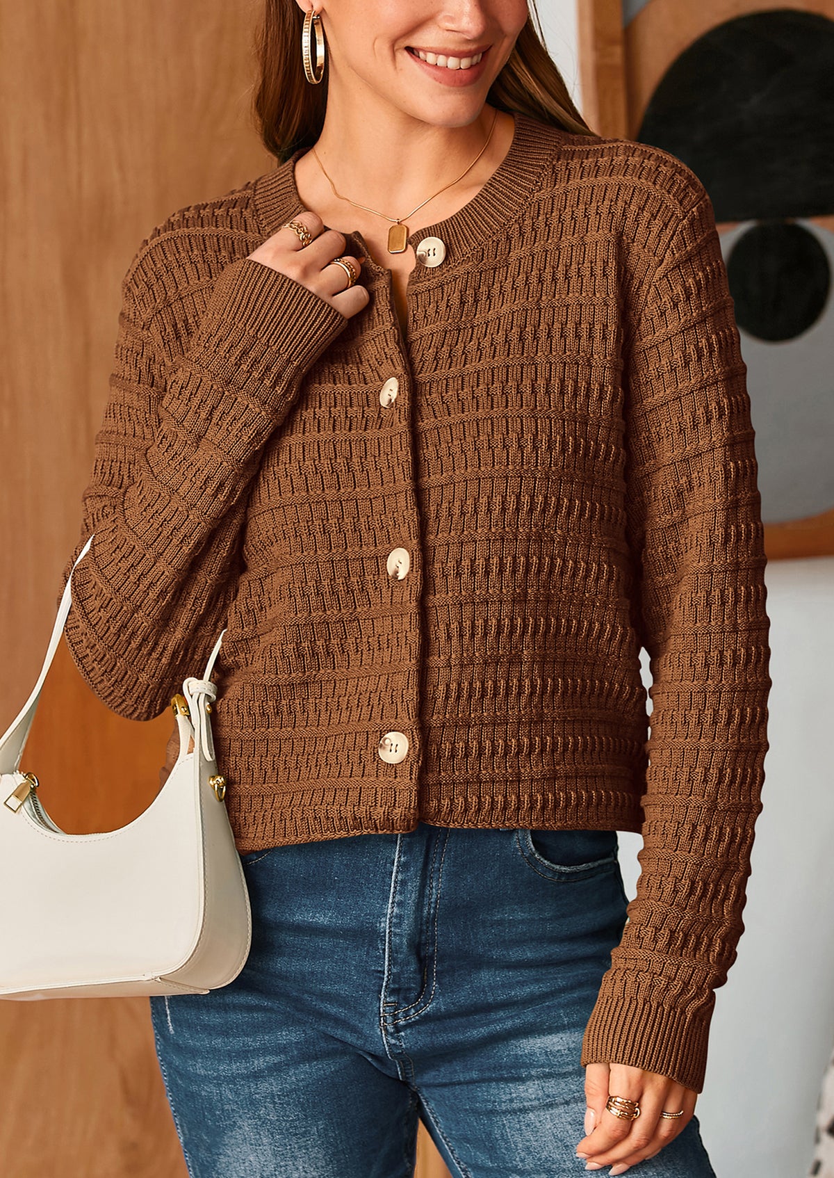 Knit Cardigan Long Sleeve Open Front Button Down Jacket