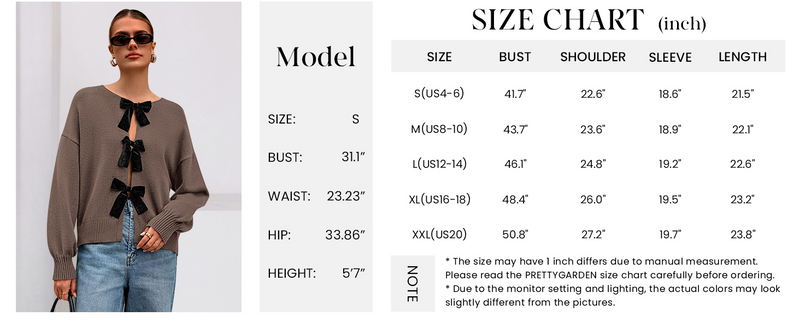 PRETTYGARDEN Cardigan Sweaters for Women Fall Bow Tie Front Long Sleeve Knit Sweater Tops Cute Going Out Outfits
