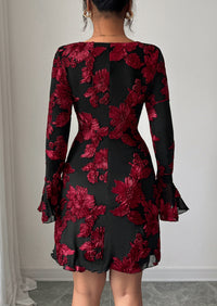 PRETTYGARDEN Women's Floral Embroidered Dress Fall Long Bell Sleeve Ribbon Flower Mini Short Mesh Bodycon Party Dresses