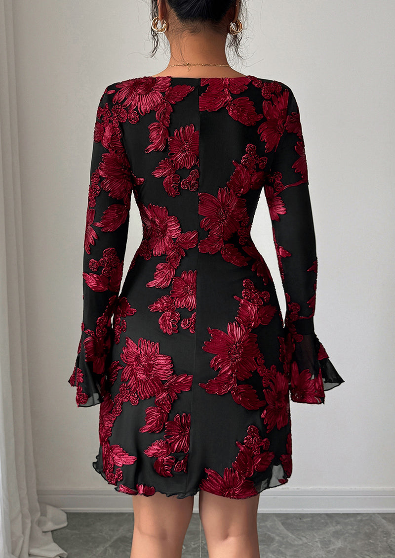 PRETTYGARDEN Women's Floral Embroidered Dress Fall Long Bell Sleeve Ribbon Flower Mini Short Mesh Bodycon Party Dresses