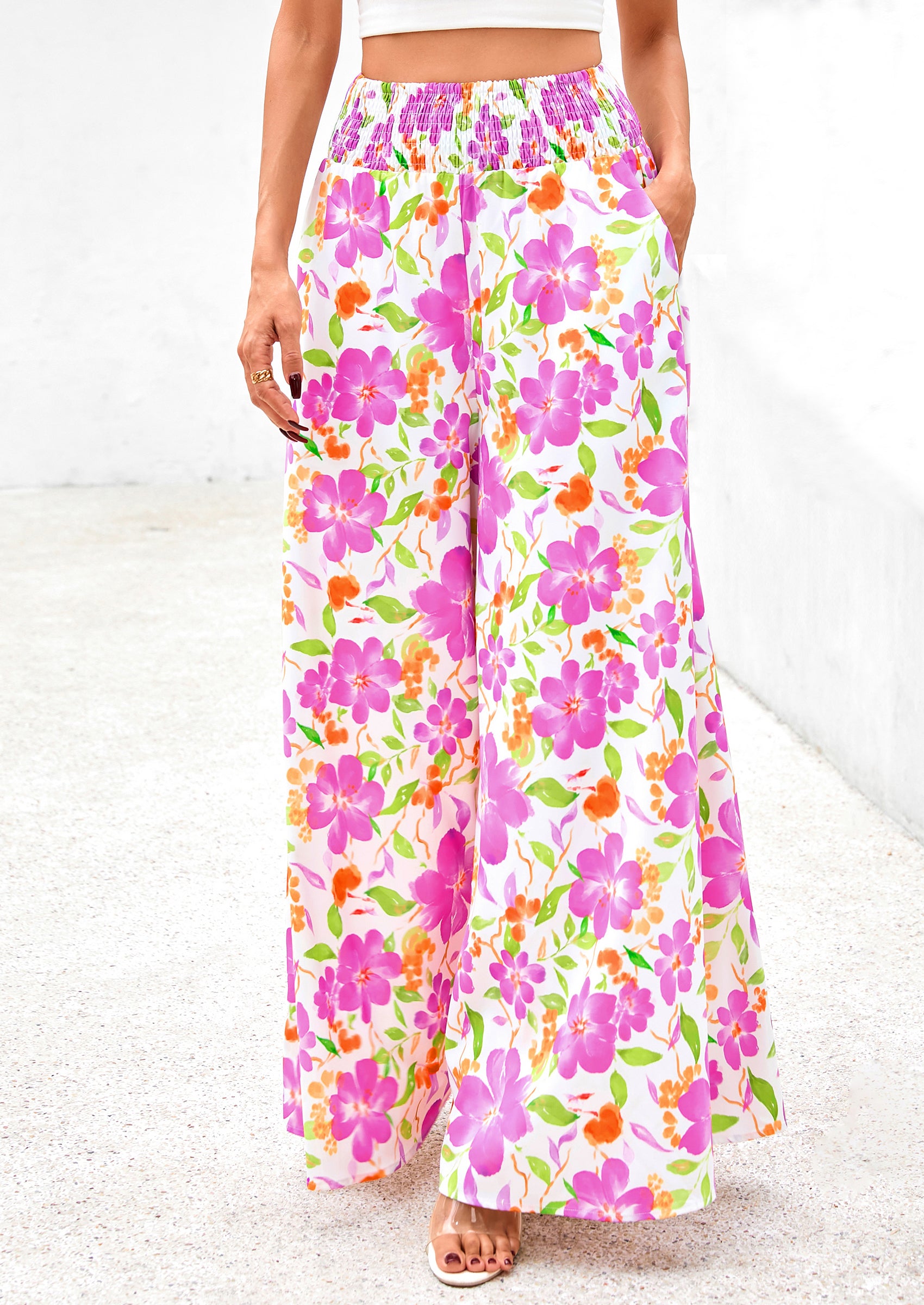 Casual Elastic High Waisted Pockets Boho Beach Wide Leg Palazzo Pants