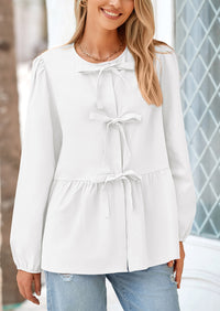 Babydoll Peplum Puff Long Sleeve Bow Tie Front Y2K Blouses