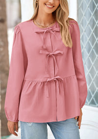 Babydoll Peplum Puff Long Sleeve Bow Tie Front Y2K Blouses
