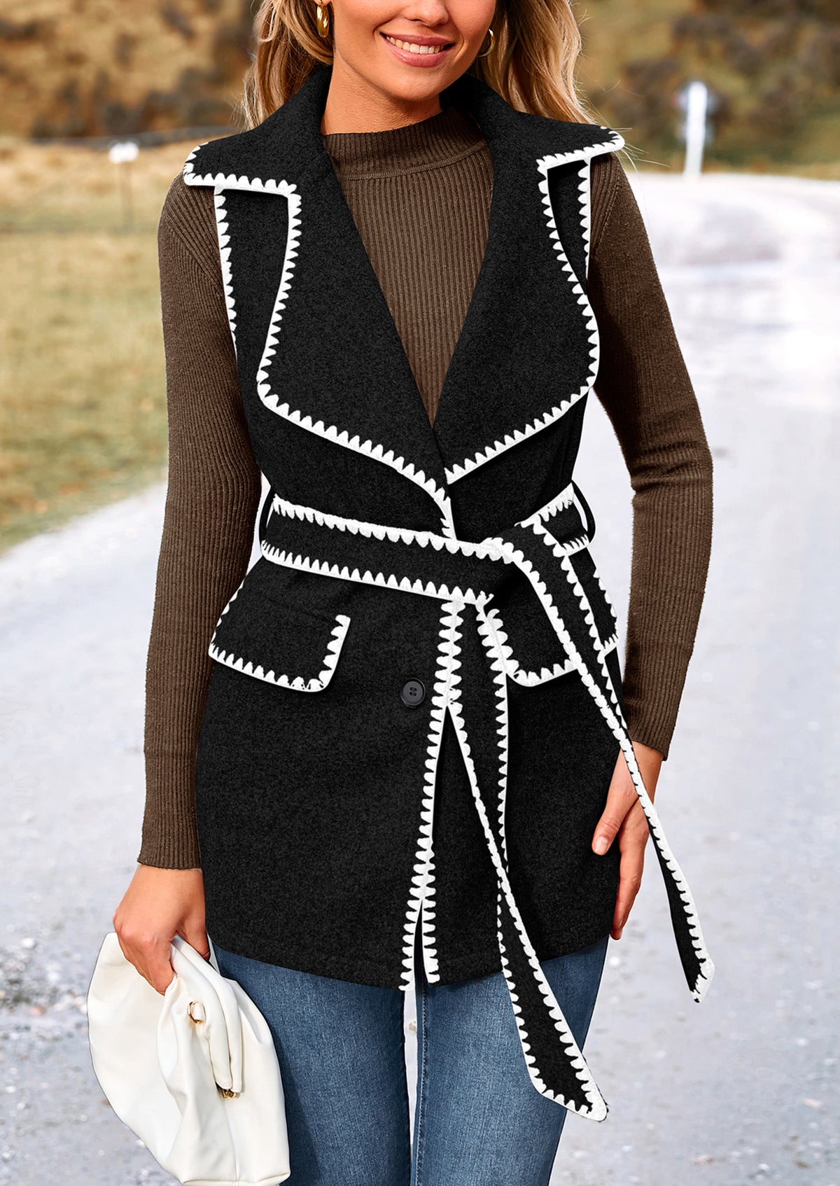 Tweed Sleeveless Lapel Button Front Belt Color Block Vest Jackets