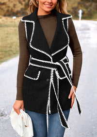 Tweed Sleeveless Lapel Button Front Belt Color Block Vest Jackets