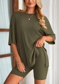 Casual Short Sleeved Round Neck Top Paired With Shorts Two-Piece Set