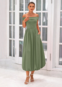 PRETTYGARDEN Womens Summer Off Shoulder Sleeveless Midi Dress Cocktail A Line Flowy Wedding Guest Dresses with Pockets