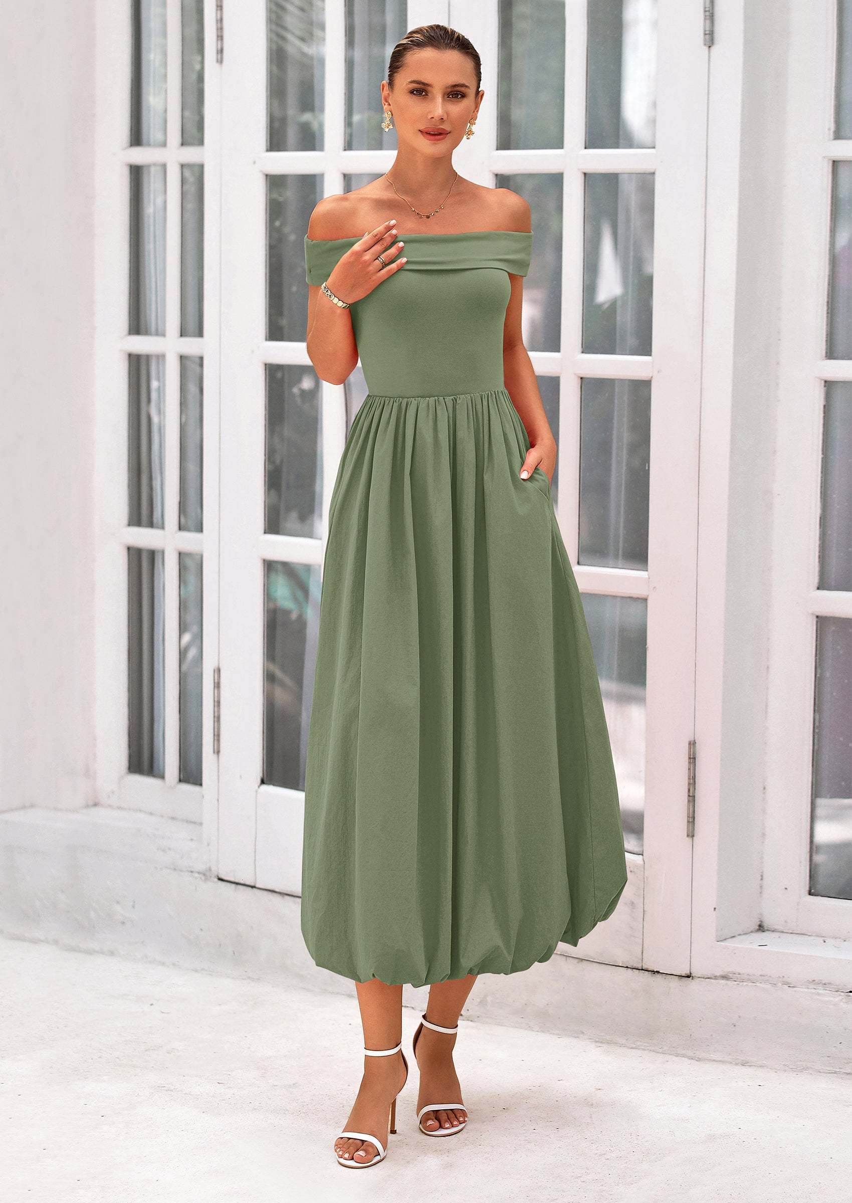 PRETTYGARDEN Womens Summer Off Shoulder Sleeveless Midi Dress Cocktail A Line Flowy Wedding Guest Dresses with Pockets