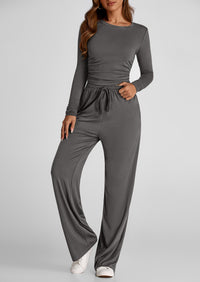 Long Sleeve Crop Tee Wide Leg Pants Two Piece Sets