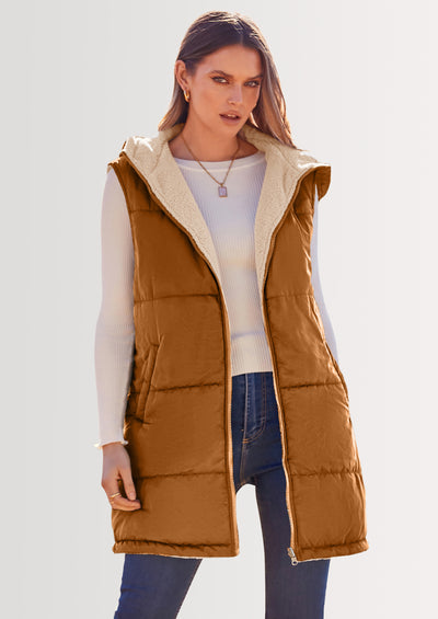 PRETTYGARDEN Womens Fall Reversible Vests Sleeveless Fleece Jacket Zip Up Hoodie Pockets Long Warm Winter Coat Outerwear