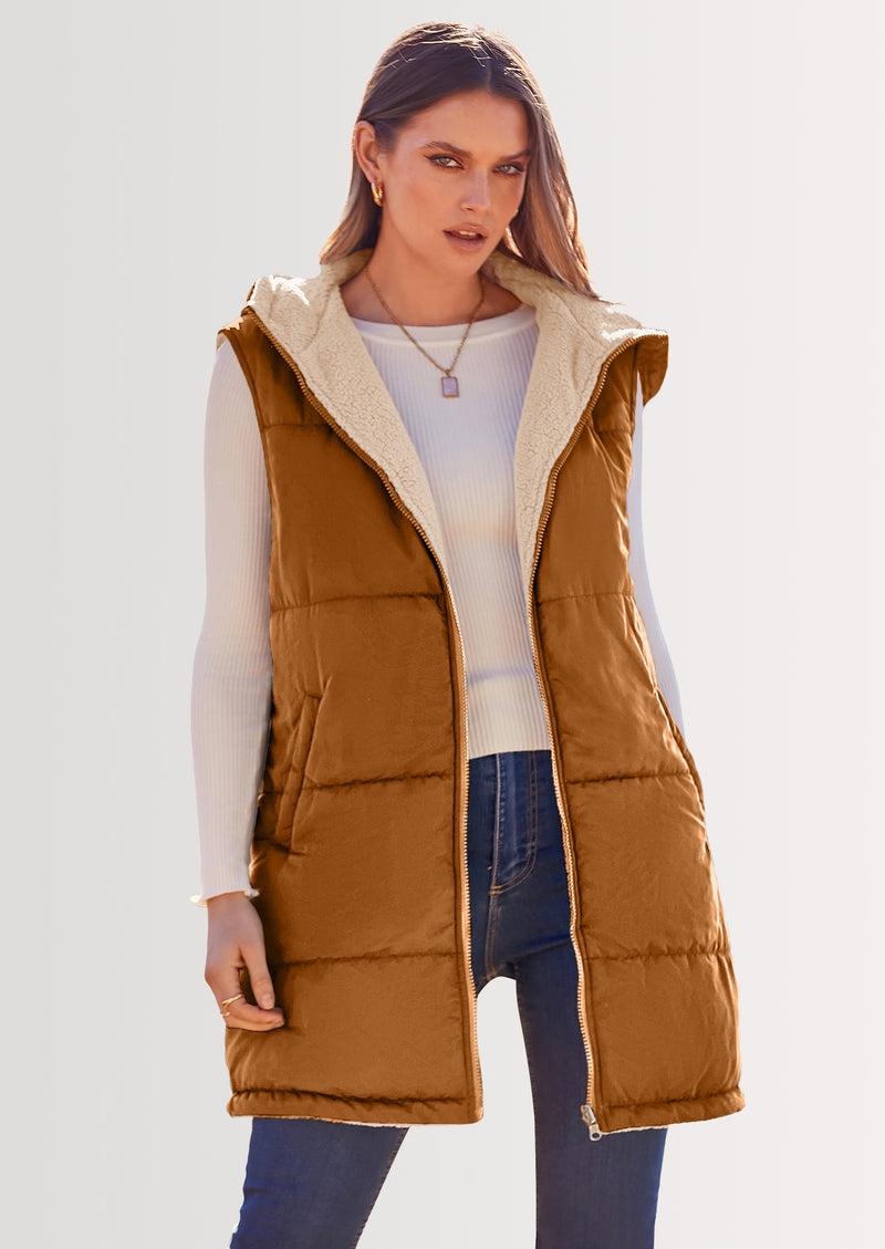 PRETTYGARDEN Womens Fall Reversible Vests Sleeveless Fleece Jacket Zip Up Hoodie Pockets Long Warm Winter Coat Outerwear
