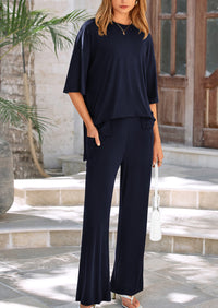 Short Sleeve Pullover Tops And Wide Leg Pants Two Piece Sets