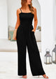 Linen Smocked Spaghetti Strap Pockets Wide Leg Jumpsuits