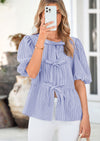 PRETTYGARDEN Women's Tie Front Striped Shirt Summer Trendy Fashion Cute Babydoll Tops Peplum Puffy Sleeve Blouse