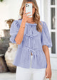 Striped Round Neck Front, Lace Up Bubble Sleeves Tops
