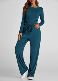 Long Sleeve Crop Tee Wide Leg Pants Two Piece Sets