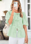 PRETTYGARDEN Women's Tie Front Striped Shirt Summer Trendy Fashion Cute Babydoll Tops Peplum Puffy Sleeve Blouse