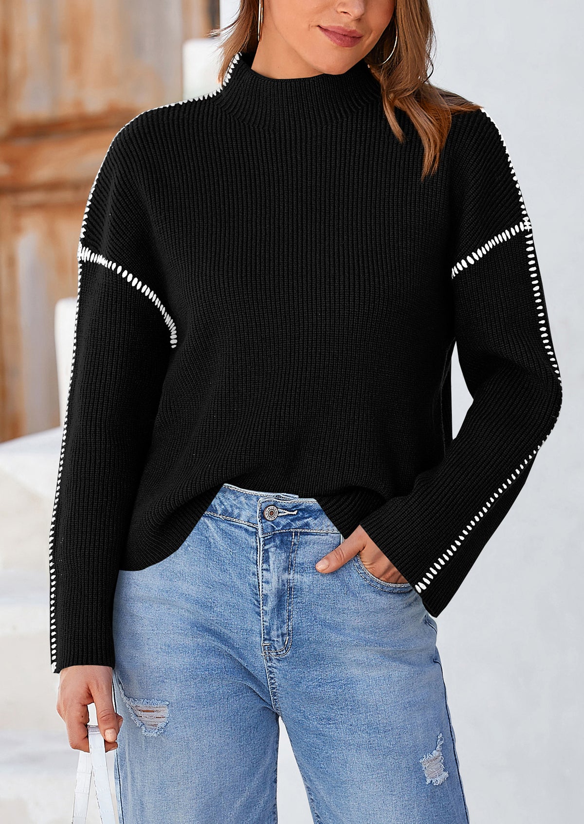 Chunky Knit  Casual Long Sleeve Mock Neck Oversized Loose Sweaters