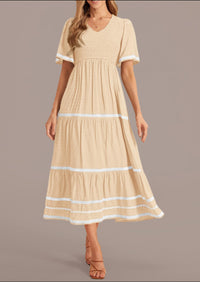 Casual Short Sleeve Swiss Dot V Neck Smocked Flowy Beach Maxi Dresses