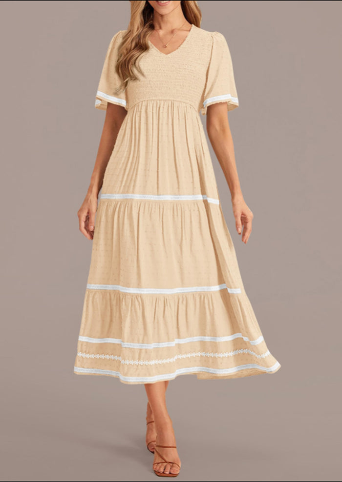 Casual Short Sleeve Swiss Dot V Neck Smocked Flowy Beach Maxi Dresses
