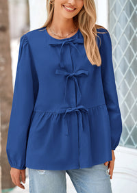 PRETTYGARDEN Women's Spring Fall Babydoll Peplum Blouse Shirt Puff Long Sleeve Bow Tie Front Trendy Cute Y2K Going Out Tops
