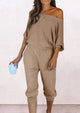 Ribbed Off Shoulder Long Sleeve Pullover Lounge Pants with Pockets Two Piece Sets