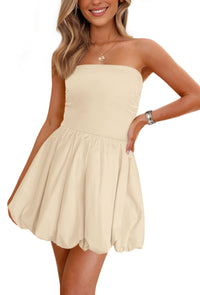 Tube Top Casual Smocked A Line Sundress Trendy Strapless Bubble Short Mini Dresses