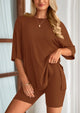 Casual Short Sleeved Round Neck Top Paired With Shorts Two-Piece Set