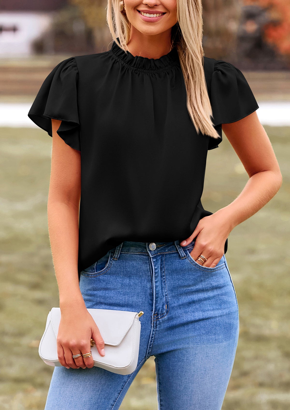 Satin Dressy Casual Ruffle Short Sleeve Crew Neck Work Party Blouses