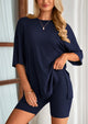 Casual Short Sleeved Round Neck Top Paired With Shorts Two-Piece Set