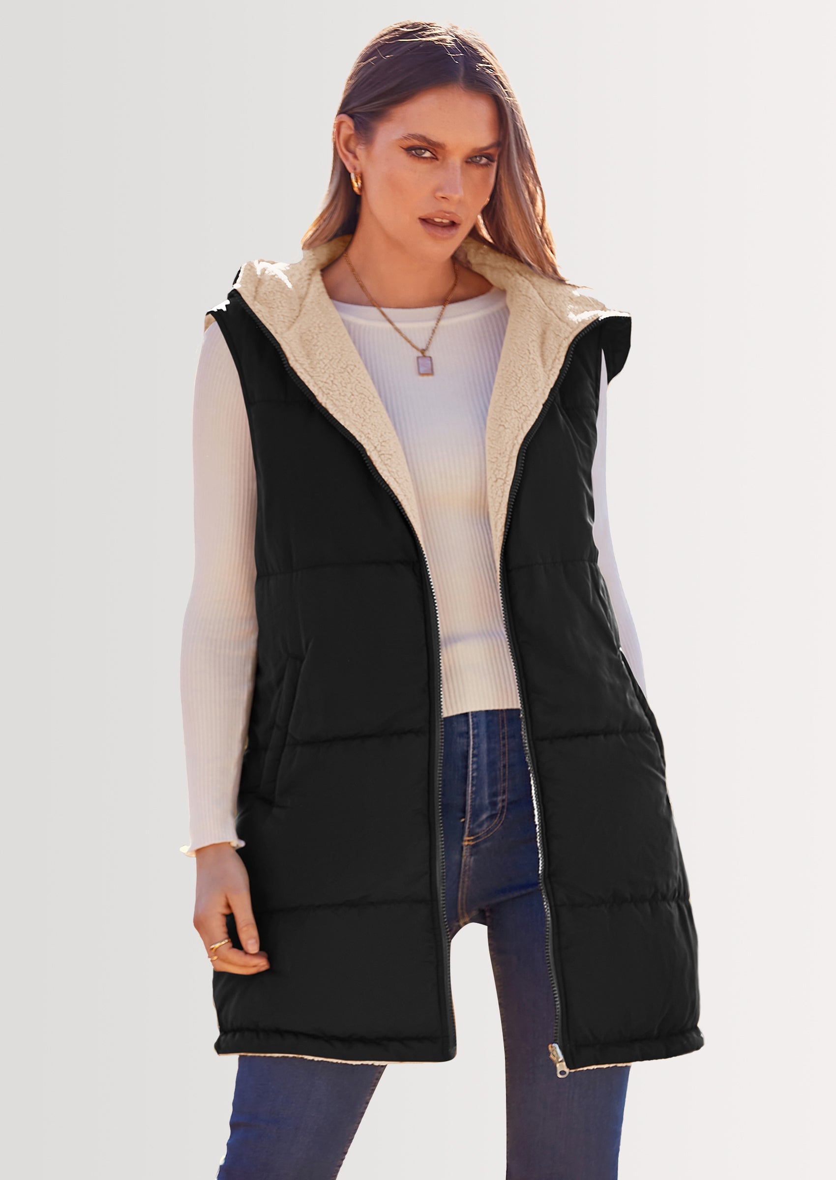 PRETTYGARDEN Womens Fall Reversible Vests Sleeveless Fleece Jacket Zip Up Hoodie Pockets Long Warm Winter Coat Outerwear