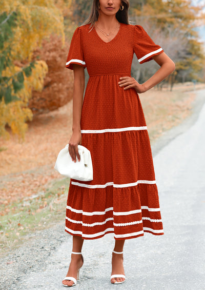 PRETTYGARDEN Women's Casual Summer Maxi Dress Short Sleeve Swiss Dot V Neck Smocked Long Flowy Beach Dresses