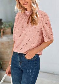 Short Sleeve Eyelet Embroidered Dressy Casual Blouse